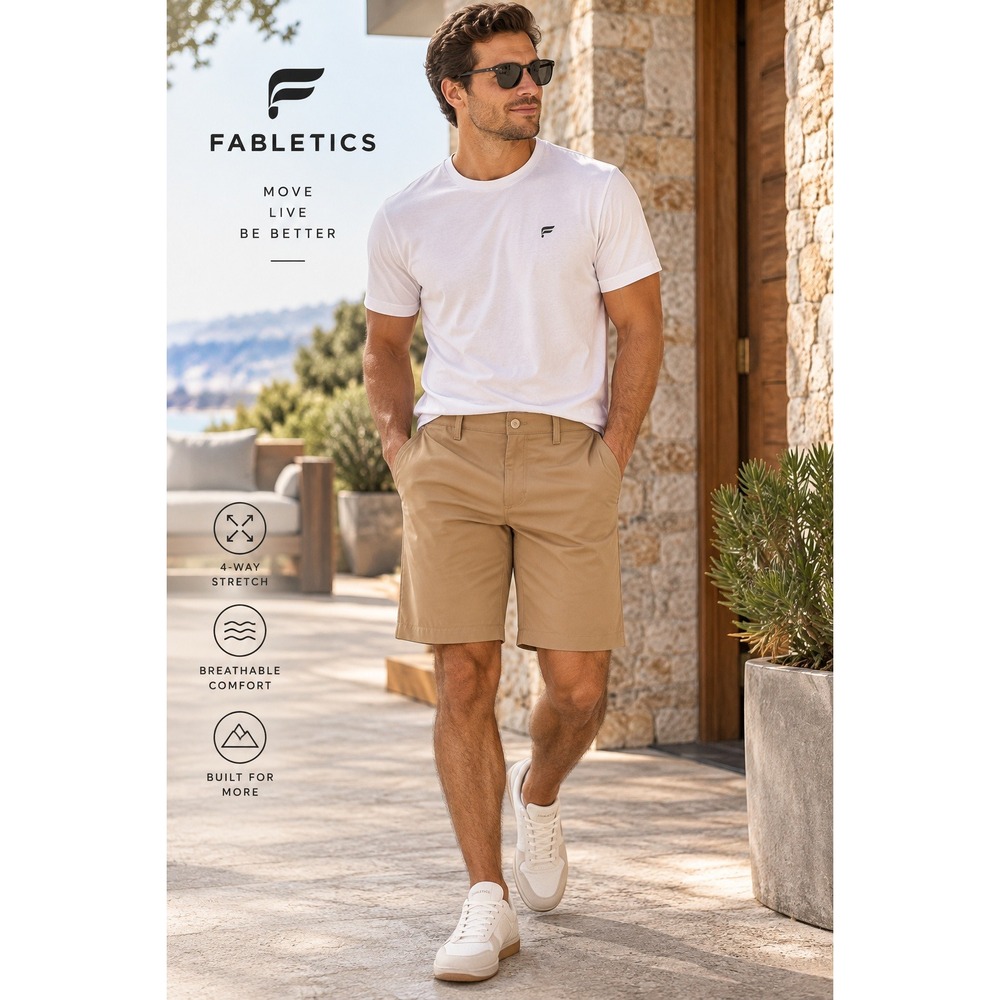 Fabletics Mens Tan Khaki 4-Way Stretch Active Chino Performance Shorts Size 33